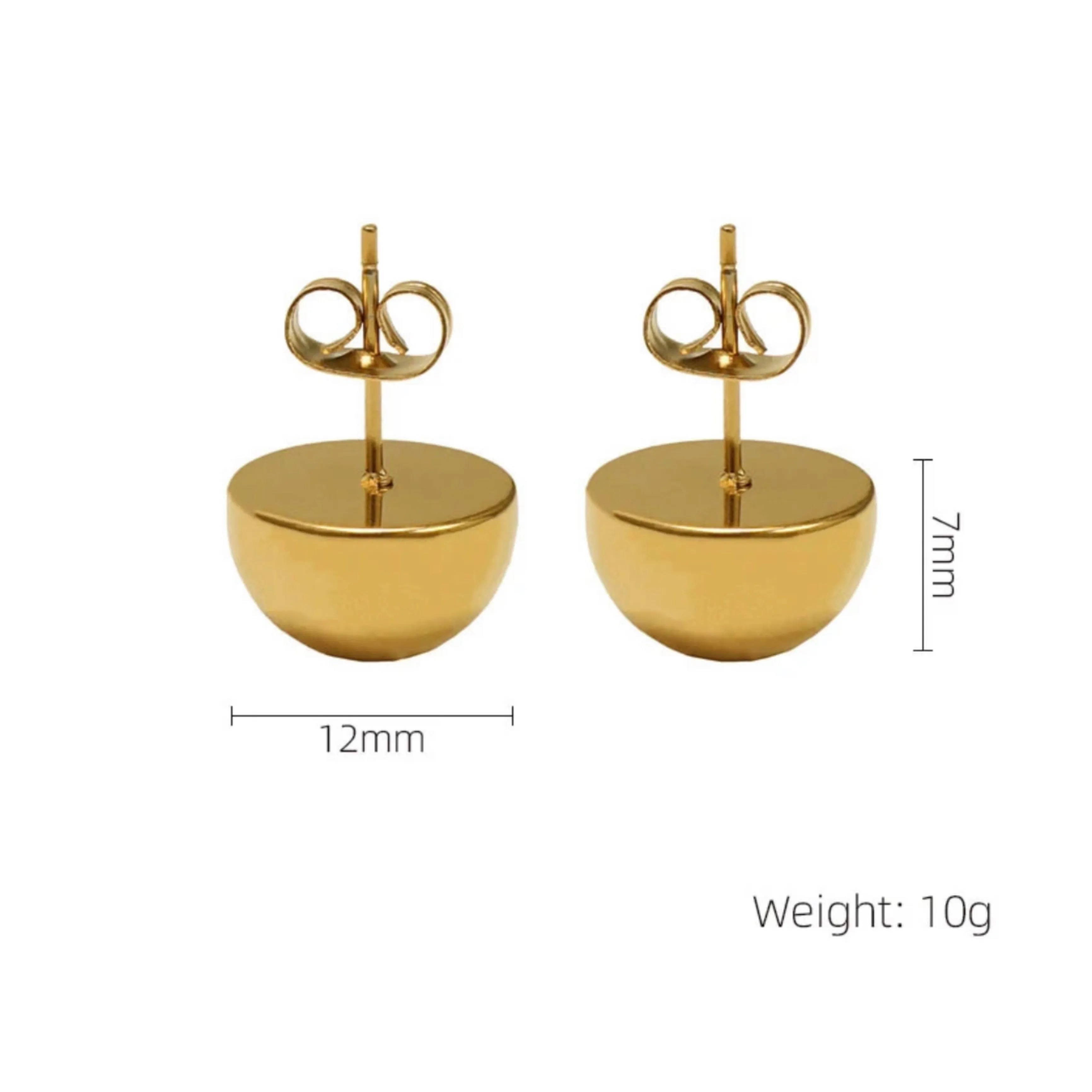 12 mm Stainless Steel Half Ball Stud Earrings - 18K Gold Plated