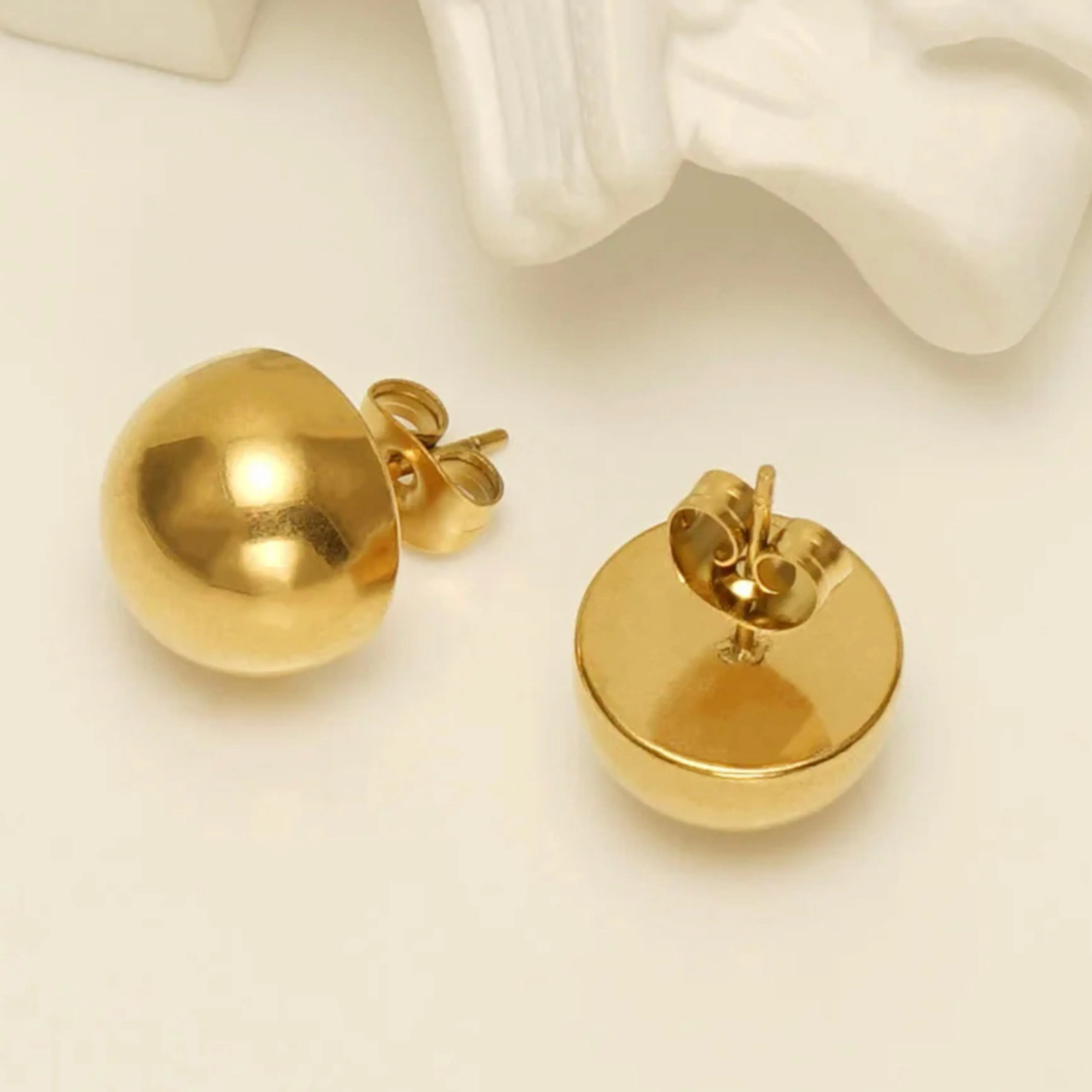 12 mm Stainless Steel Half Ball Stud Earrings - 18K Gold Plated