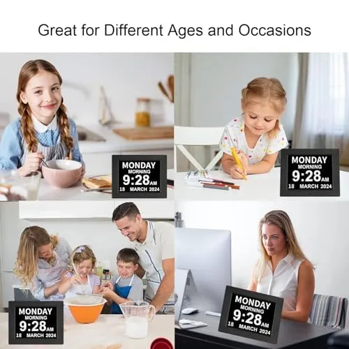 [2022 Newest] Digital Day Calendar Clock 3 Medicine Reminders Extra Large Non-Abbreviated Day Date Month Dementia Clocks for Senior Elderly Memory Loss Impaired Vision Clock