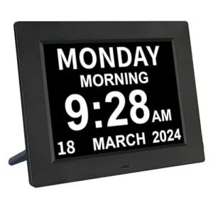[2022 Newest] Digital Day Calendar Clock 3 Medicine Reminders Extra Large Non-Abbreviated Day Date Month Dementia Clocks for Senior Elderly Memory Loss Impaired Vision Clock