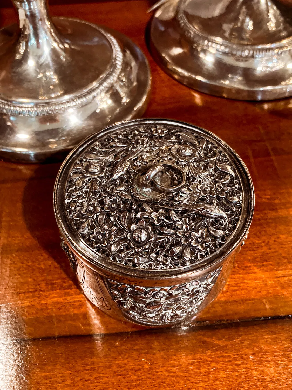 20th Century Round India Floral Bird Repoussé Openwork Silver Trinket Box