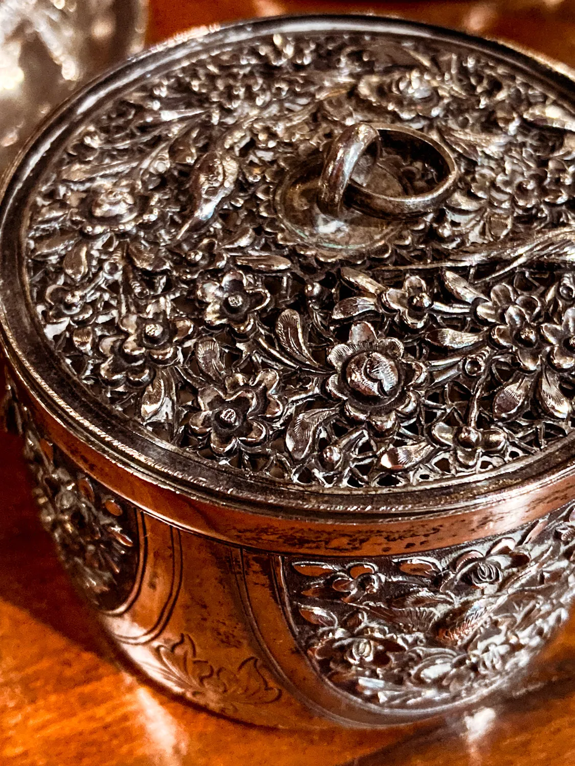 20th Century Round India Floral Bird Repoussé Openwork Silver Trinket Box