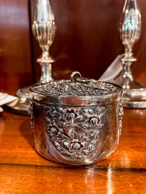 20th Century Round India Floral Bird Repoussé Openwork Silver Trinket Box