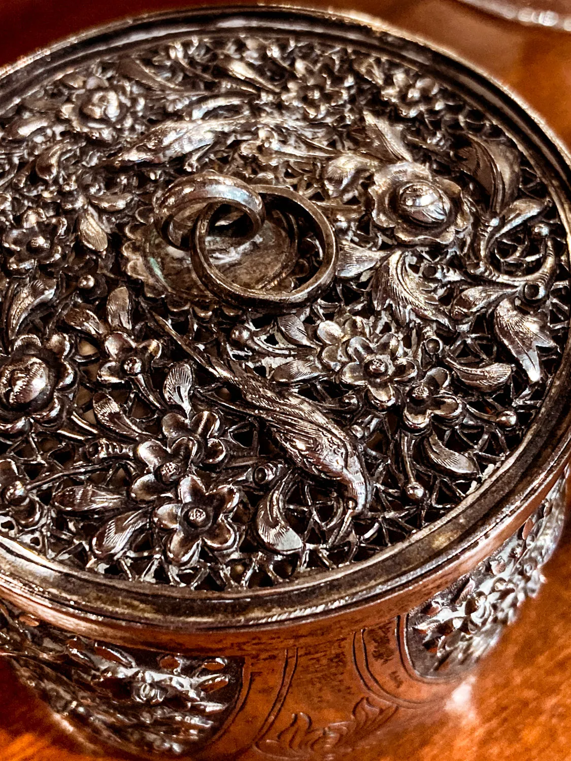 20th Century Round India Floral Bird Repoussé Openwork Silver Trinket Box