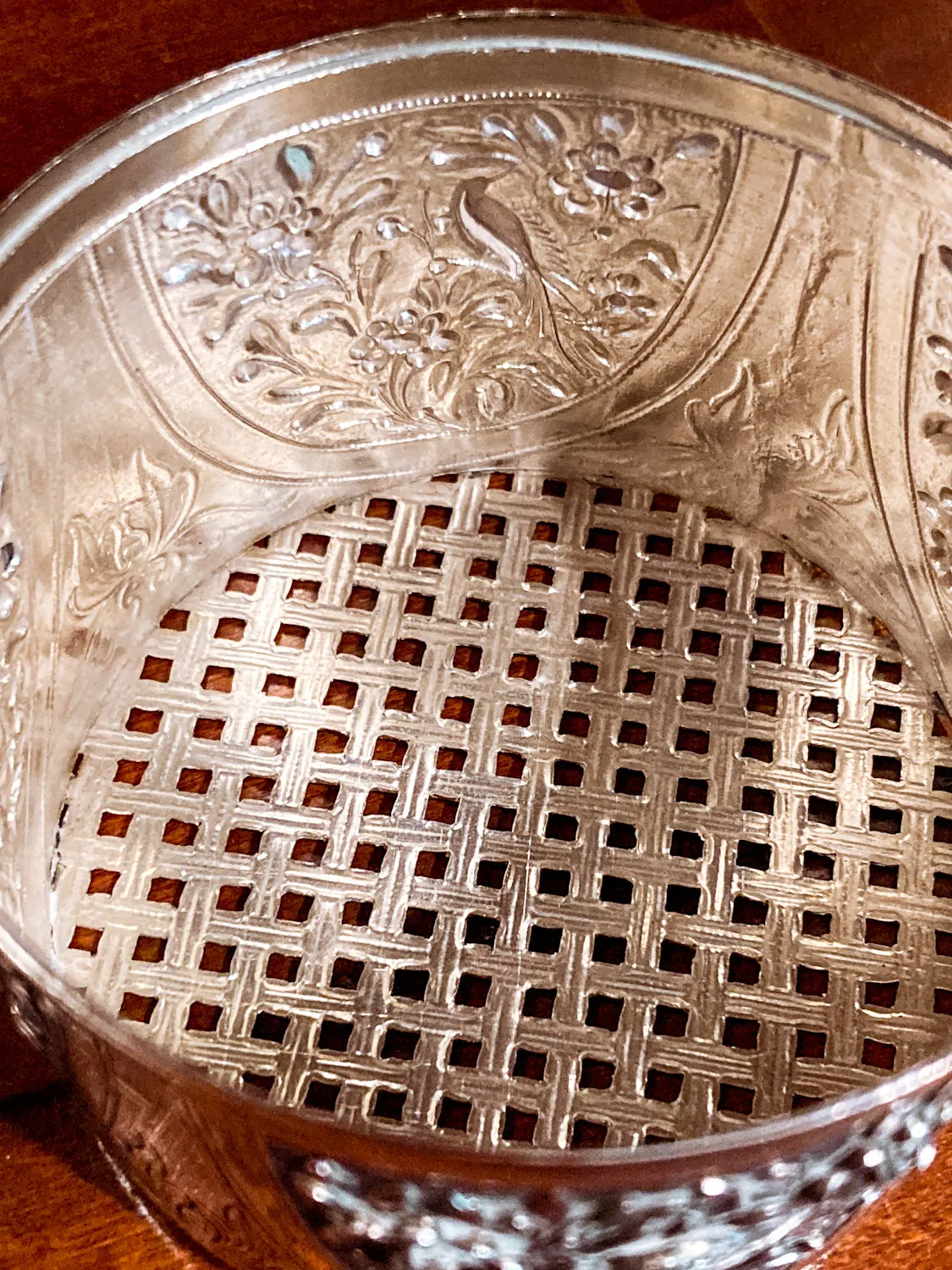 20th Century Round India Floral Bird Repoussé Openwork Silver Trinket Box