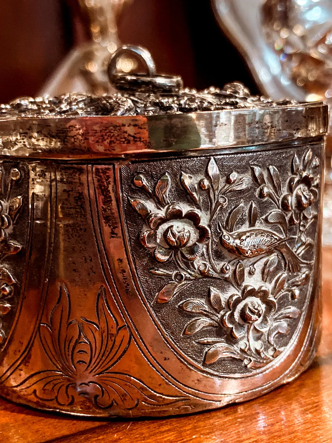 20th Century Round India Floral Bird Repoussé Openwork Silver Trinket Box