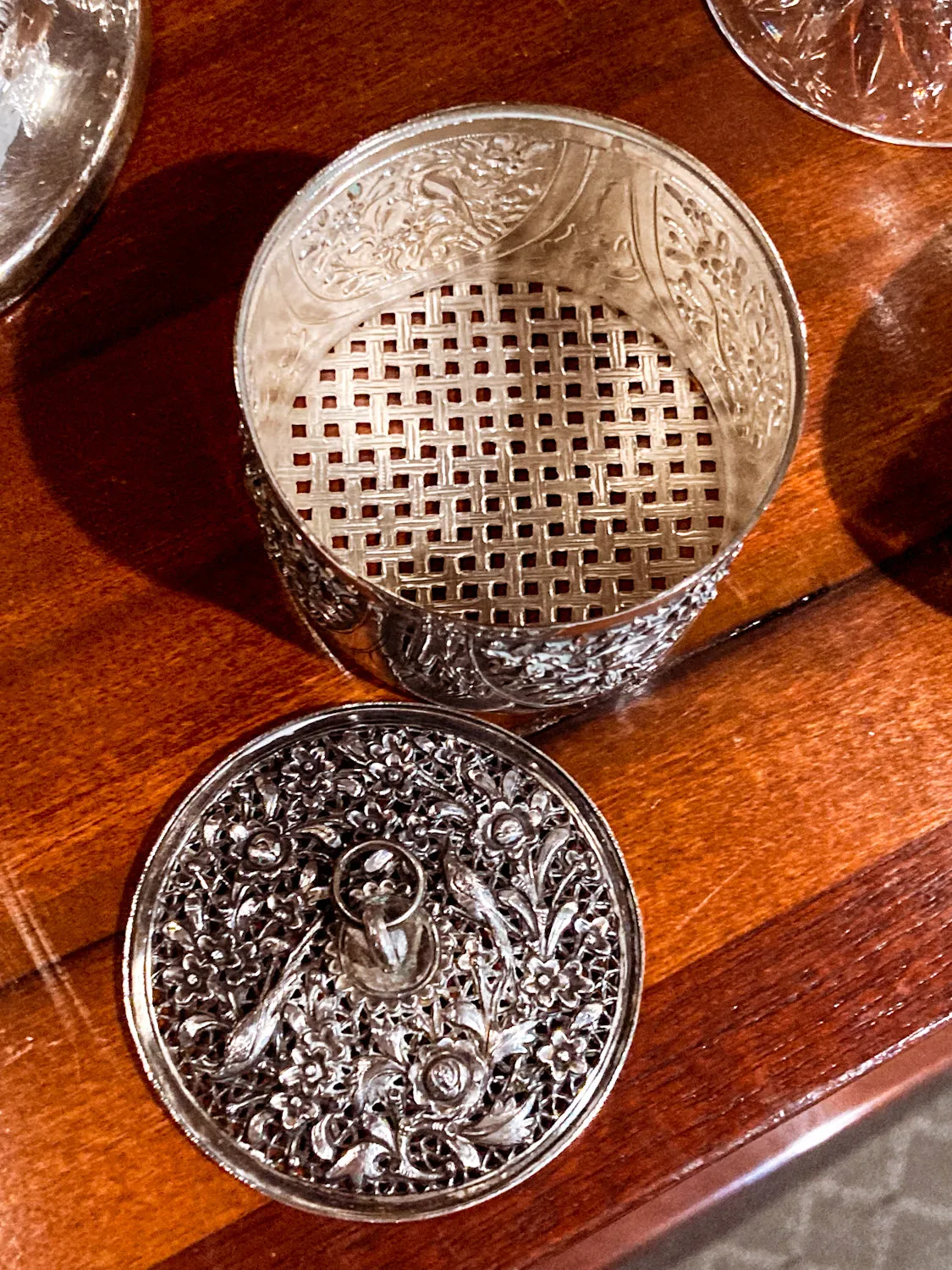 20th Century Round India Floral Bird Repoussé Openwork Silver Trinket Box