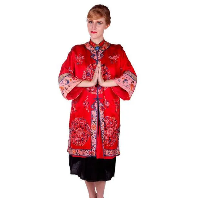 Antique Victorian Chinese Robe Coat Red Silk Embroidered Includes Free Brooch!