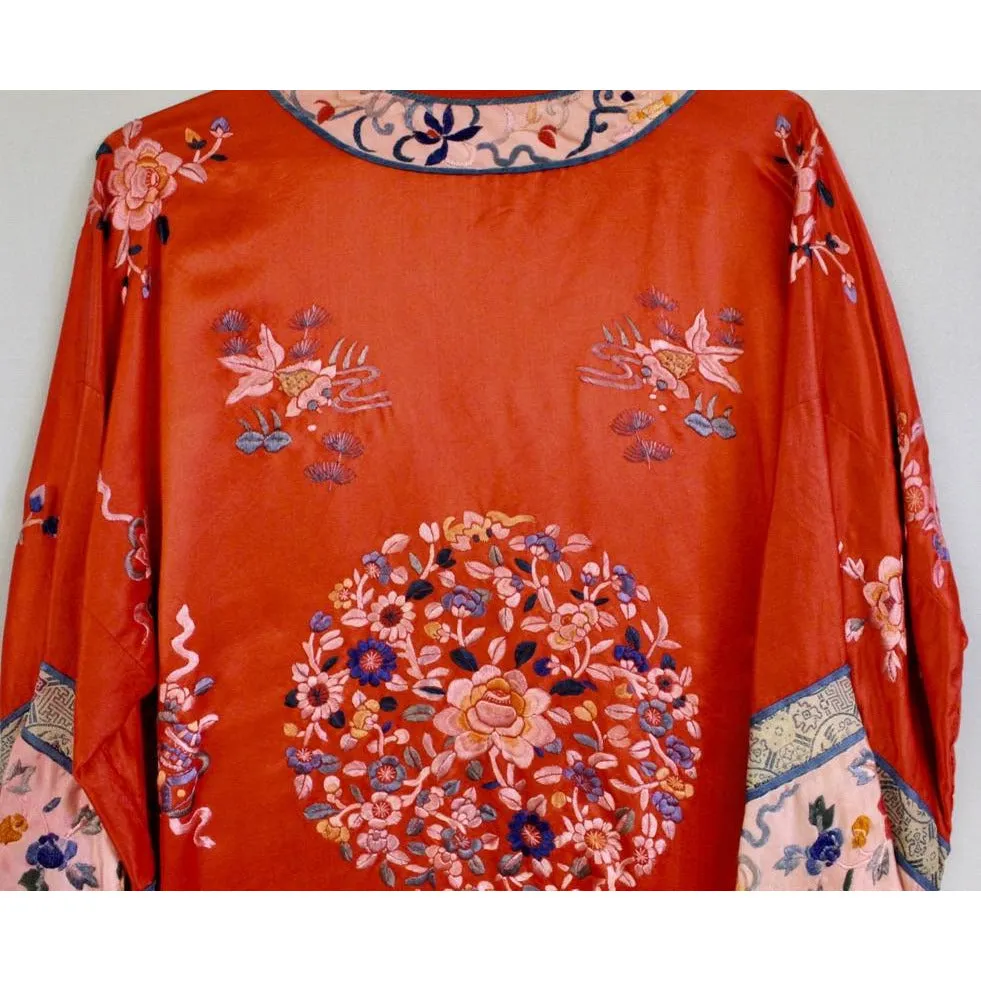 Antique Victorian Chinese Robe Coat Red Silk Embroidered Includes Free Brooch!