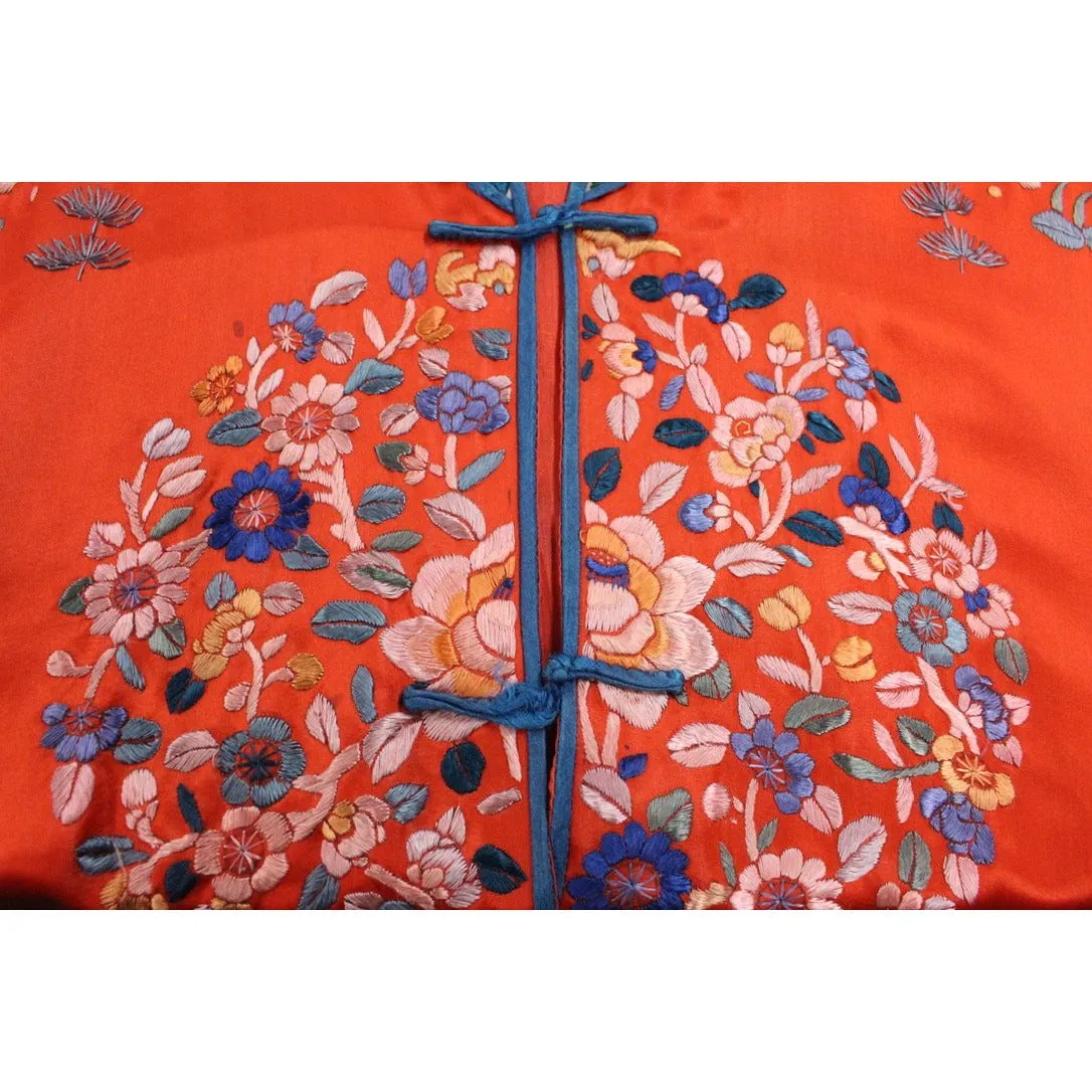Antique Victorian Chinese Robe Coat Red Silk Embroidered Includes Free Brooch!