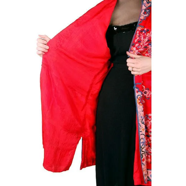Antique Victorian Chinese Robe Coat Red Silk Embroidered Includes Free Brooch!