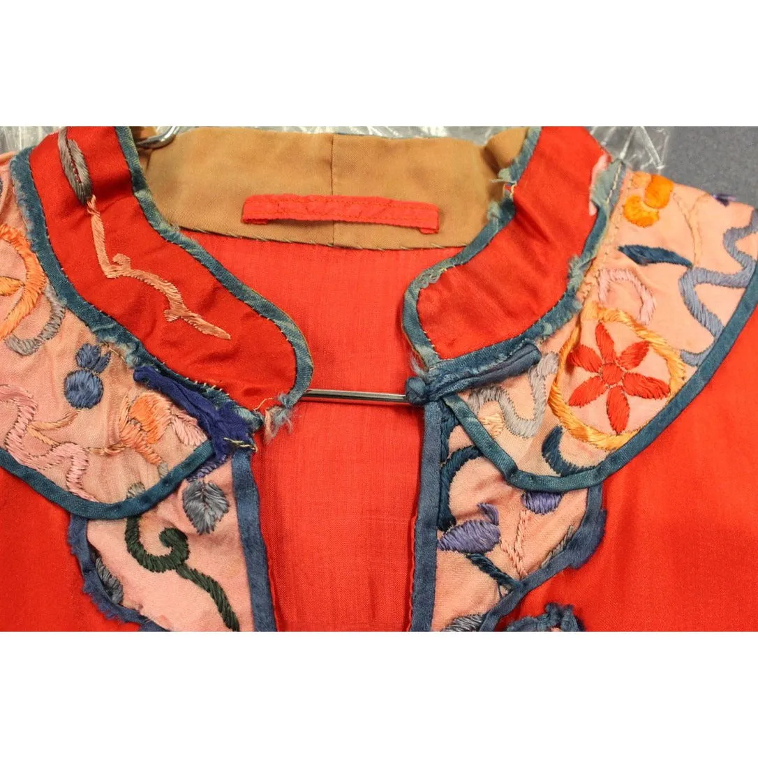 Antique Victorian Chinese Robe Coat Red Silk Embroidered Includes Free Brooch!