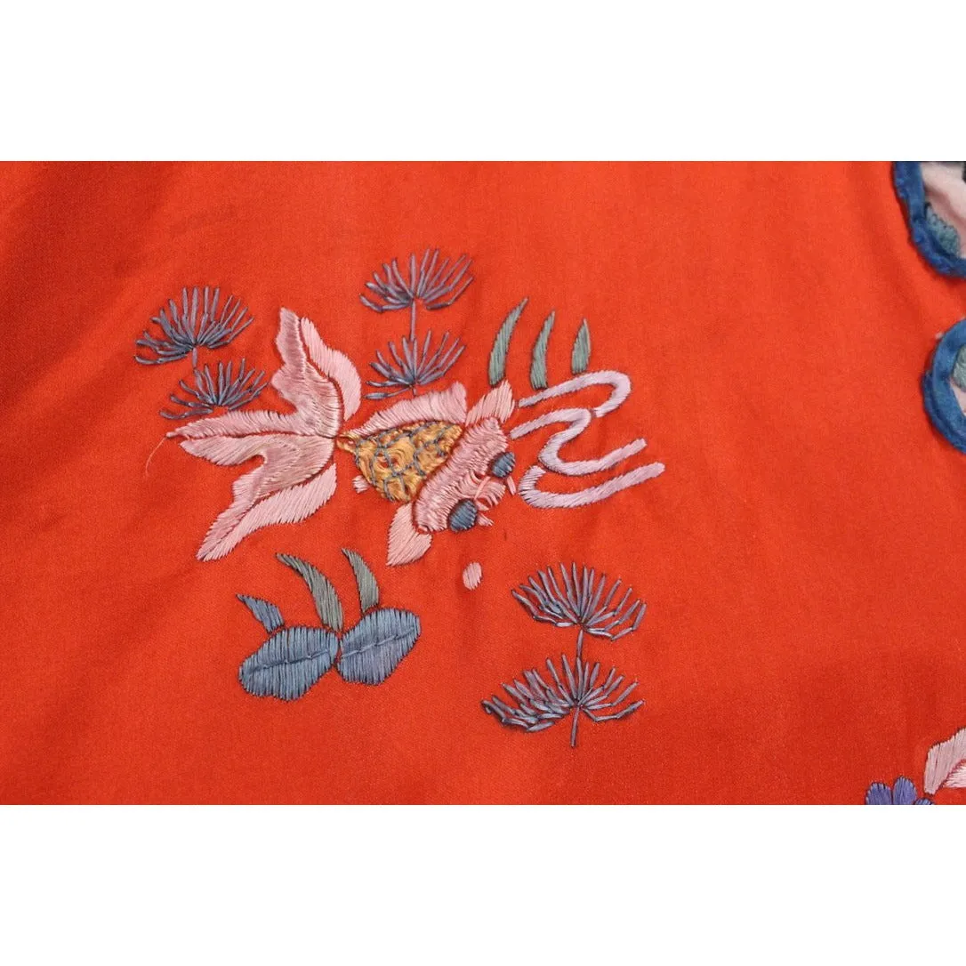 Antique Victorian Chinese Robe Coat Red Silk Embroidered Includes Free Brooch!