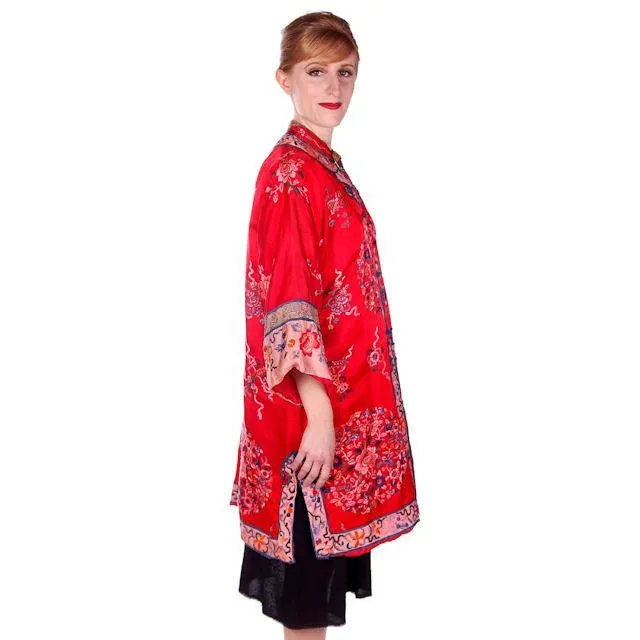Antique Victorian Chinese Robe Coat Red Silk Embroidered Includes Free Brooch!