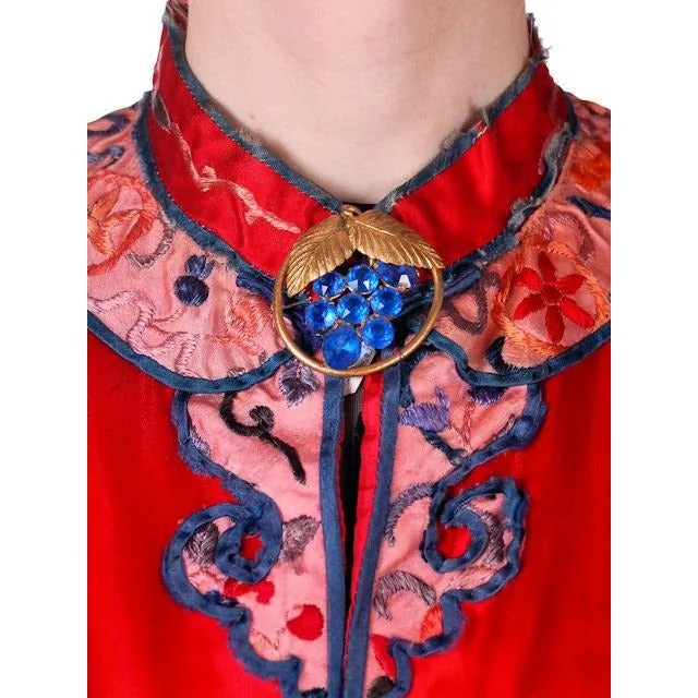 Antique Victorian Chinese Robe Coat Red Silk Embroidered Includes Free Brooch!