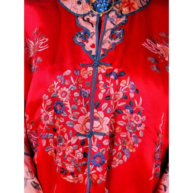 Antique Victorian Chinese Robe Coat Red Silk Embroidered Includes Free Brooch!