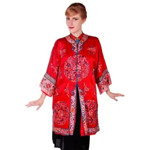 Antique Victorian Chinese Robe Coat Red Silk Embroidered Includes Free Brooch!
