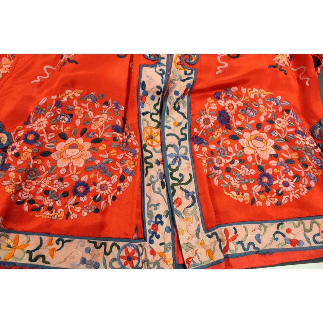 Antique Victorian Chinese Robe Coat Red Silk Embroidered Includes Free Brooch!