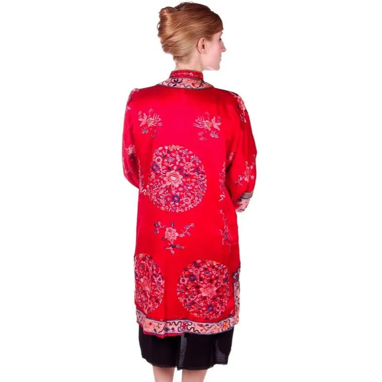 Antique Victorian Chinese Robe Coat Red Silk Embroidered Includes Free Brooch!
