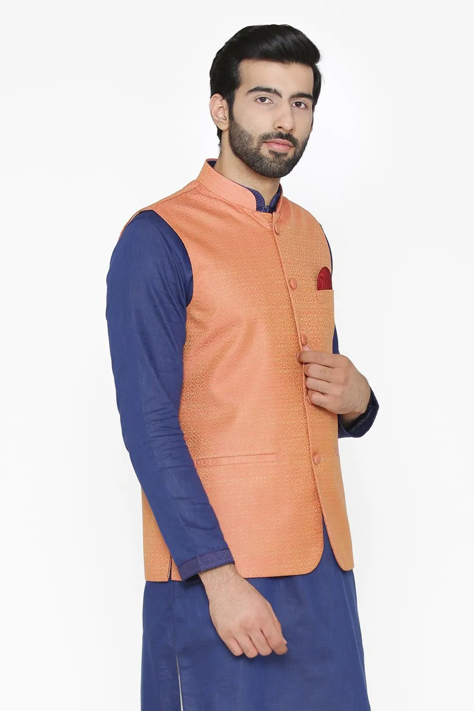 Banarasi Art Silk Cotton Blend Orange Modi Nehru Jacket