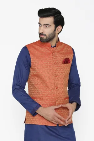 Banarasi Art Silk Cotton Blend Orange Modi Nehru Jacket