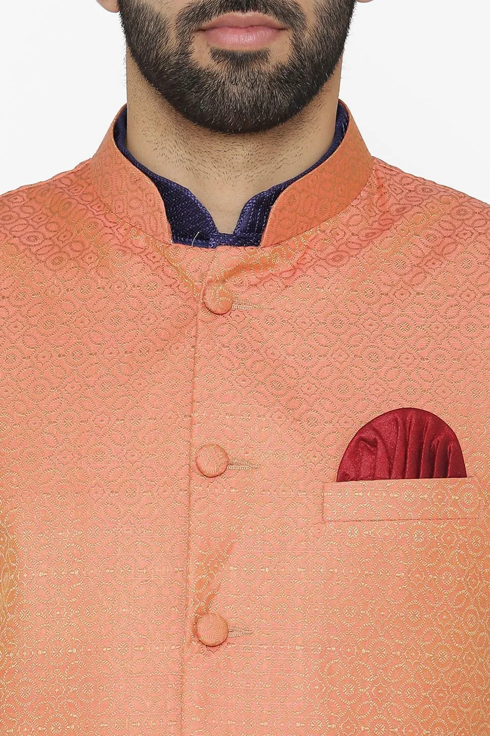 Banarasi Art Silk Cotton Blend Orange Modi Nehru Jacket