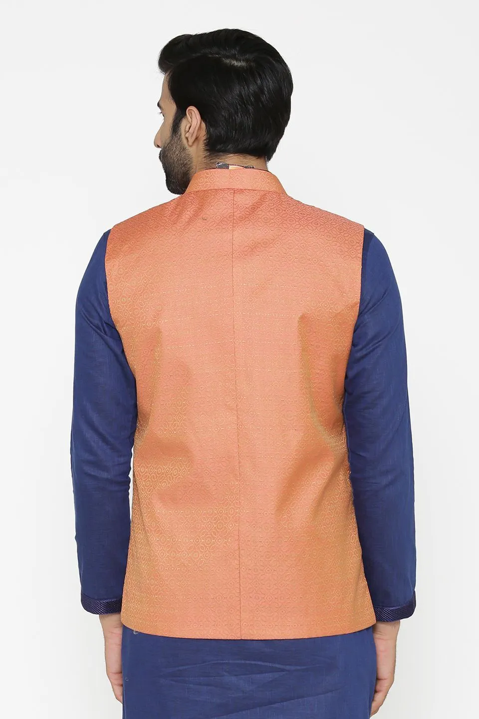 Banarasi Art Silk Cotton Blend Orange Modi Nehru Jacket