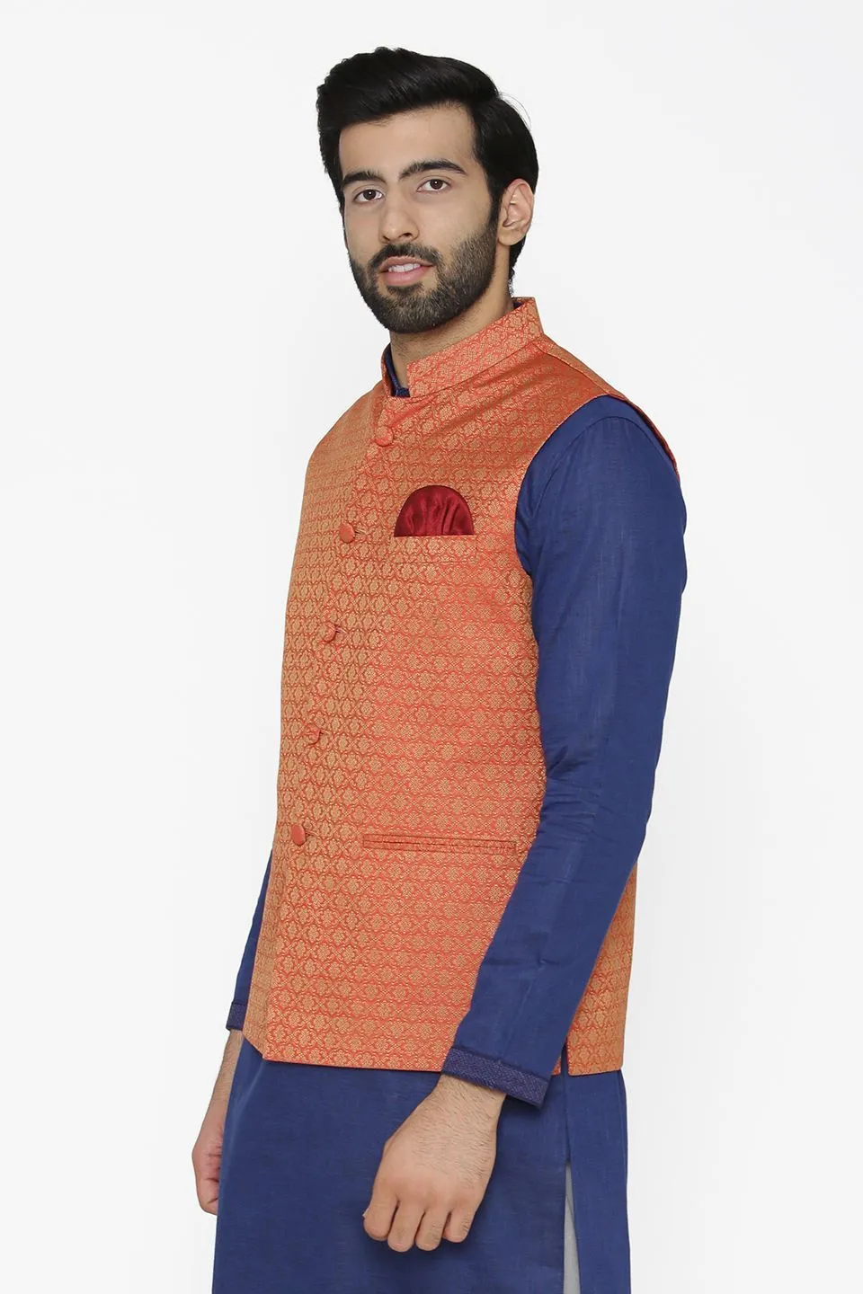 Banarasi Art Silk Cotton Blend Orange Modi Nehru Jacket