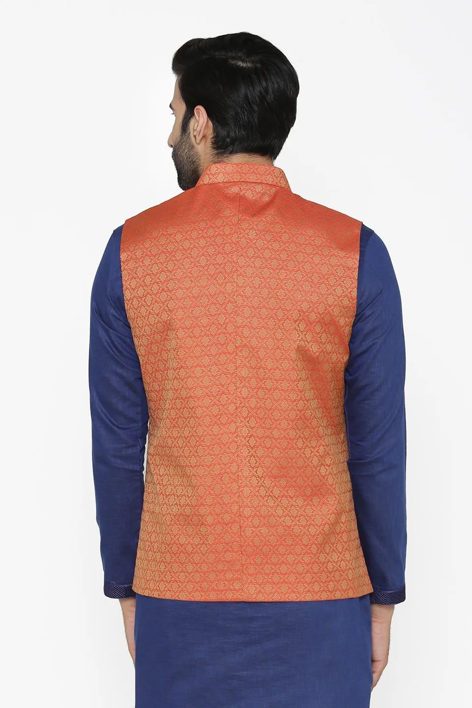 Banarasi Art Silk Cotton Blend Orange Modi Nehru Jacket