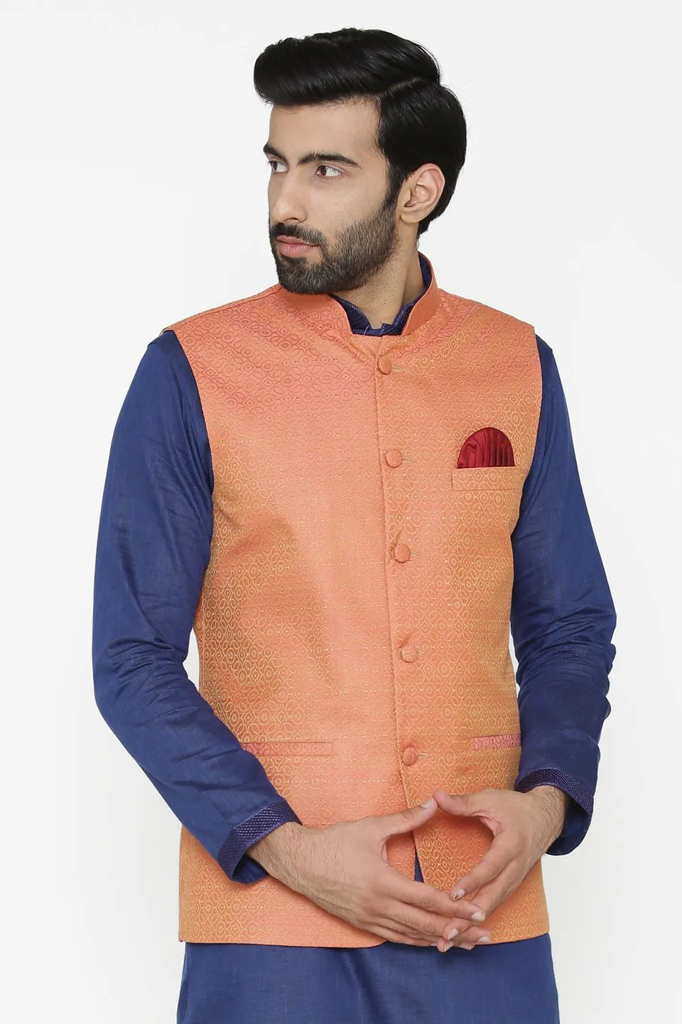 Banarasi Art Silk Cotton Blend Orange Modi Nehru Jacket