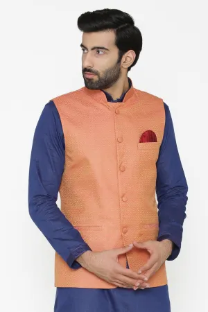 Banarasi Art Silk Cotton Blend Orange Modi Nehru Jacket