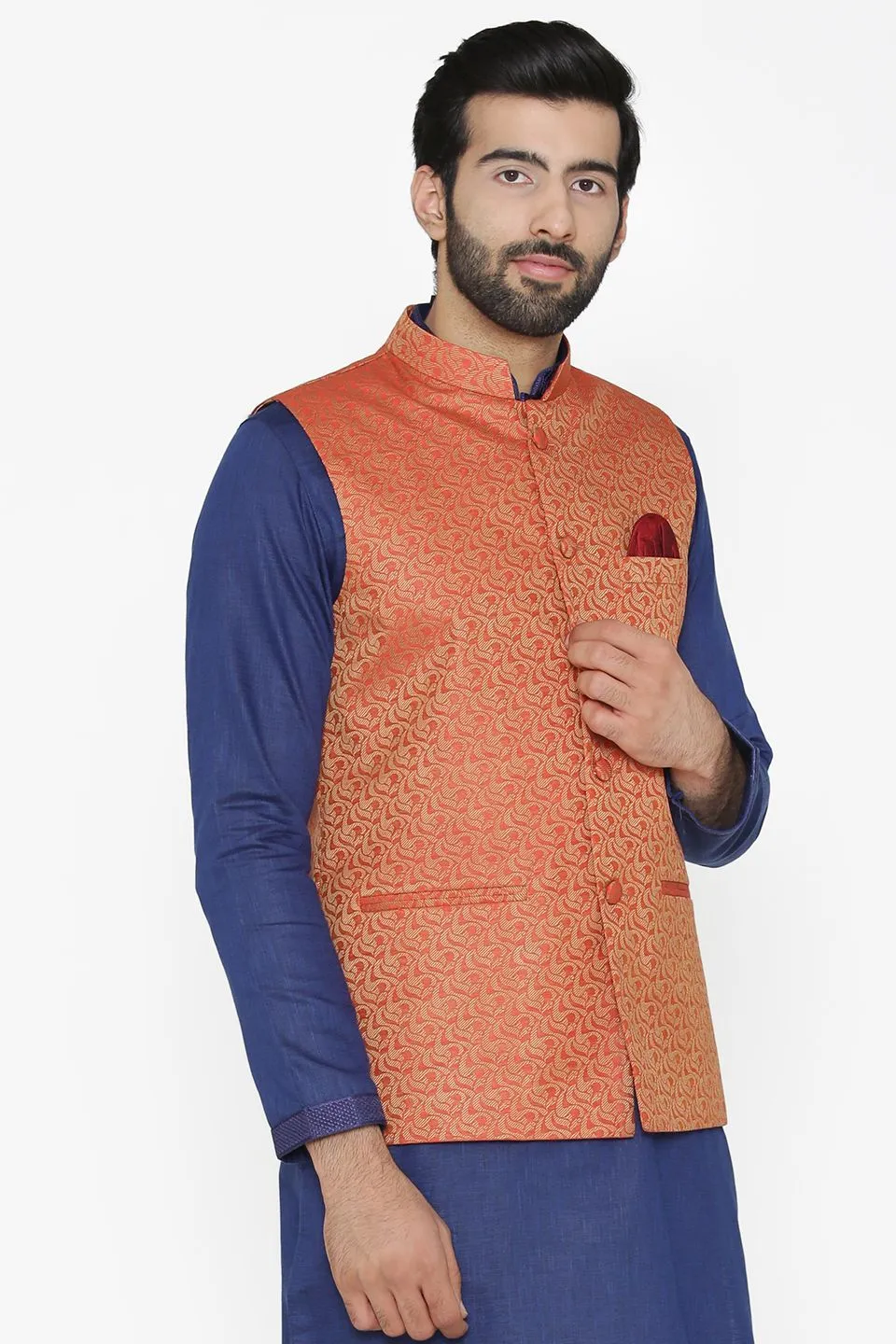 Banarasi Art Silk Cotton Blend Red Modi Nehru Jacket
