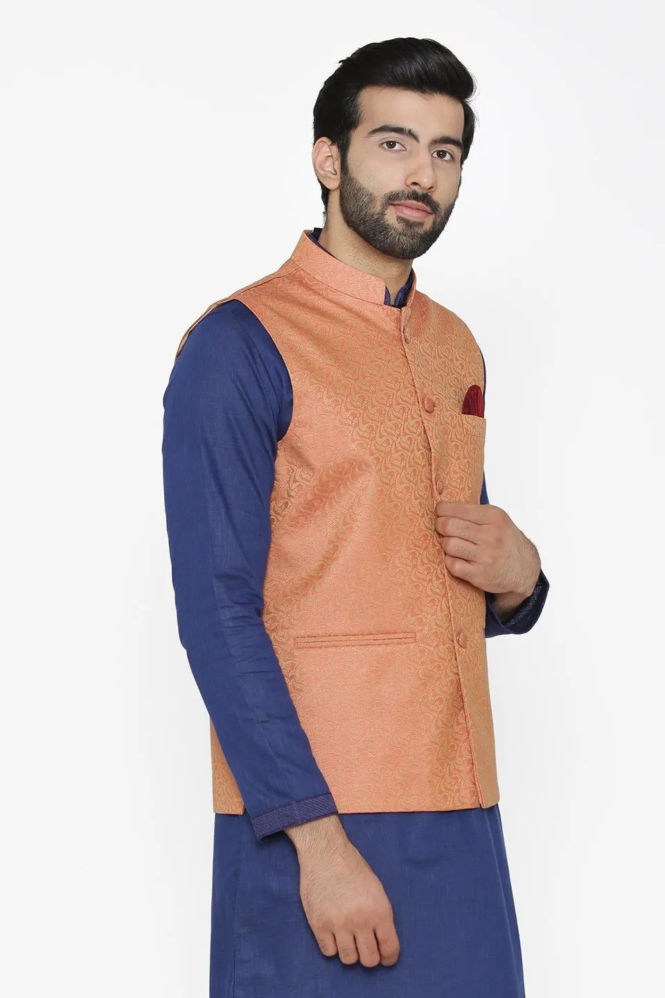 Banarasi Art Silk Cotton Blend Red Modi Nehru Jacket