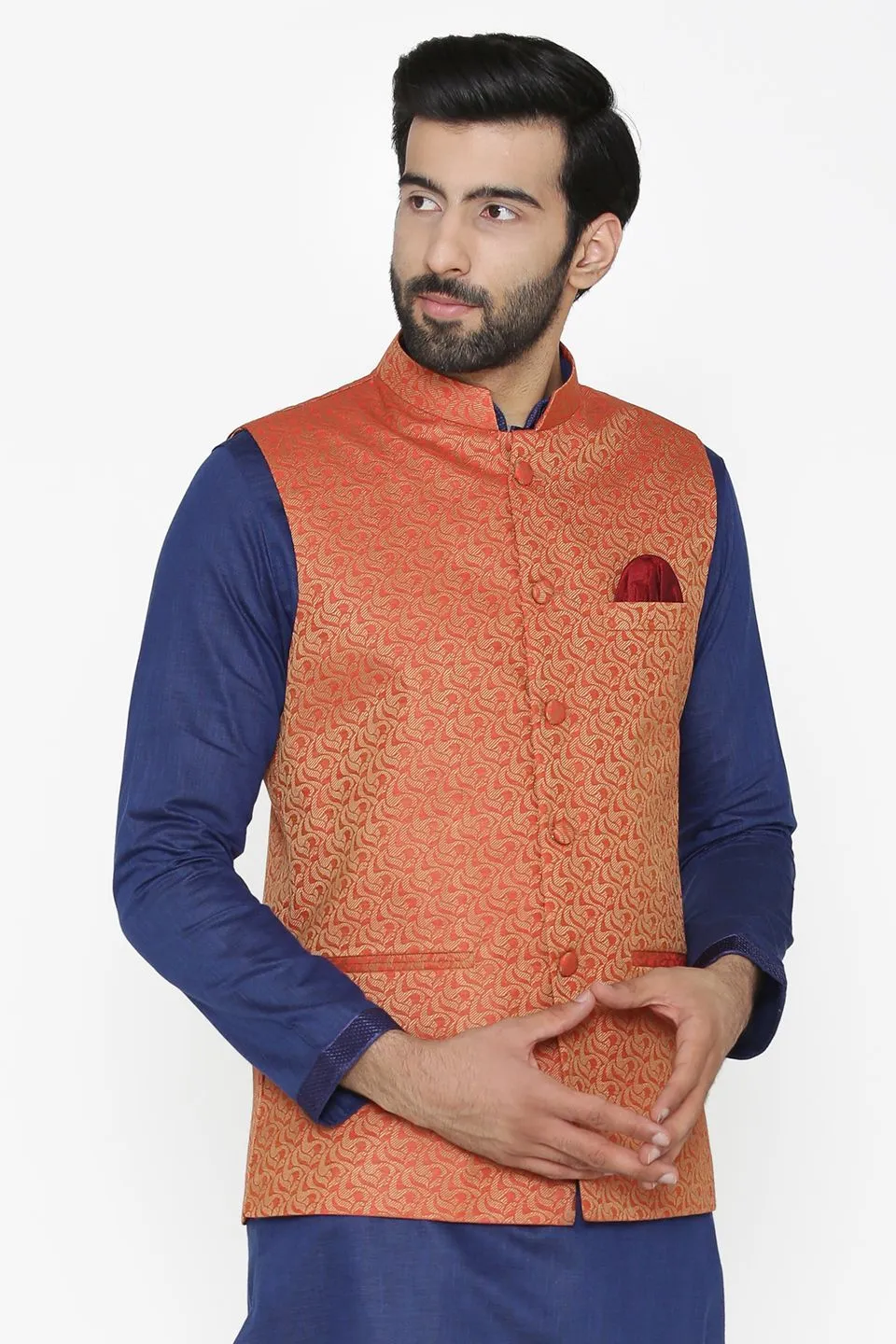 Banarasi Art Silk Cotton Blend Red Modi Nehru Jacket