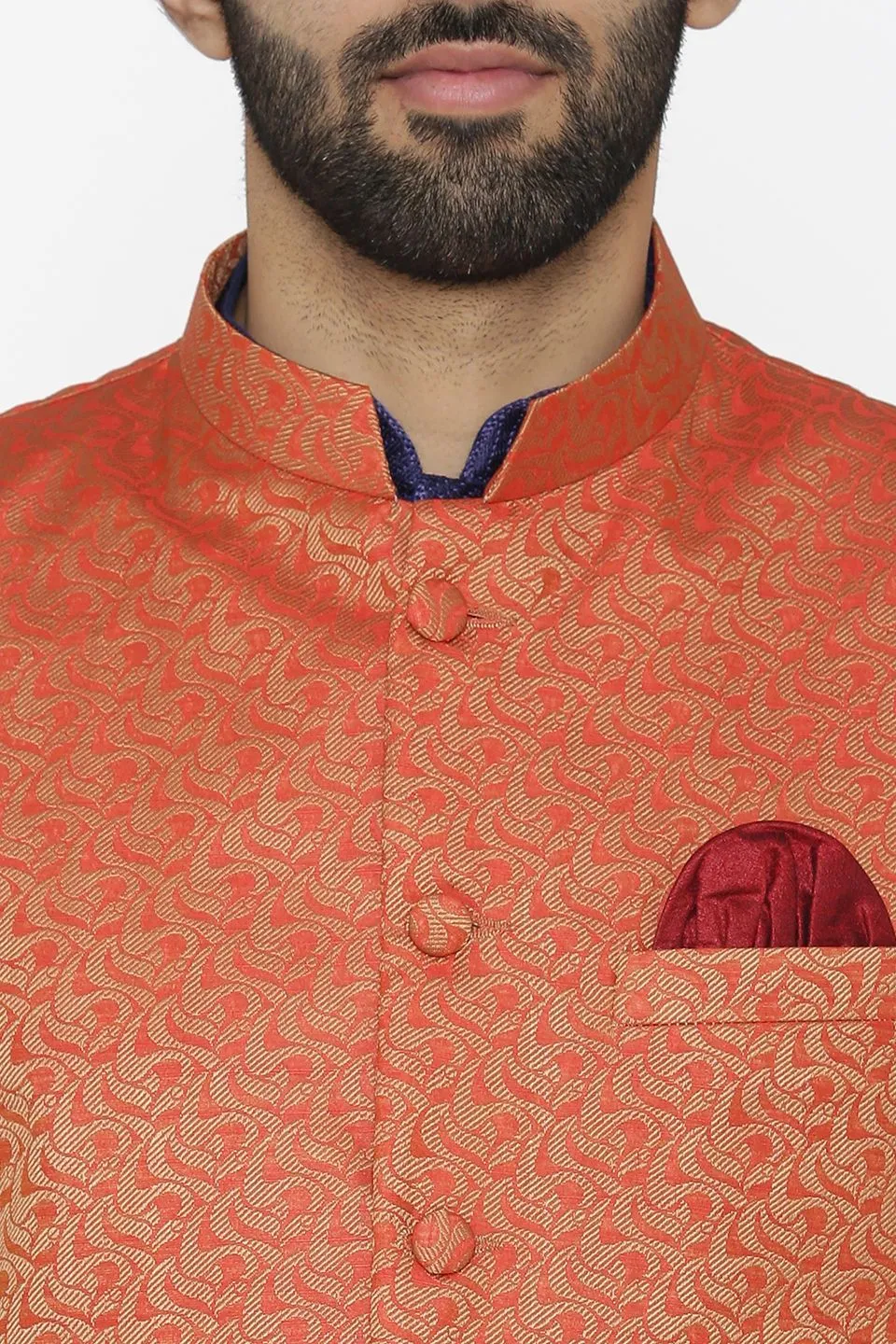 Banarasi Art Silk Cotton Blend Red Modi Nehru Jacket