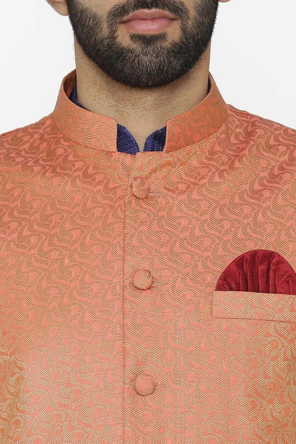 Banarasi Art Silk Cotton Blend Red Modi Nehru Jacket