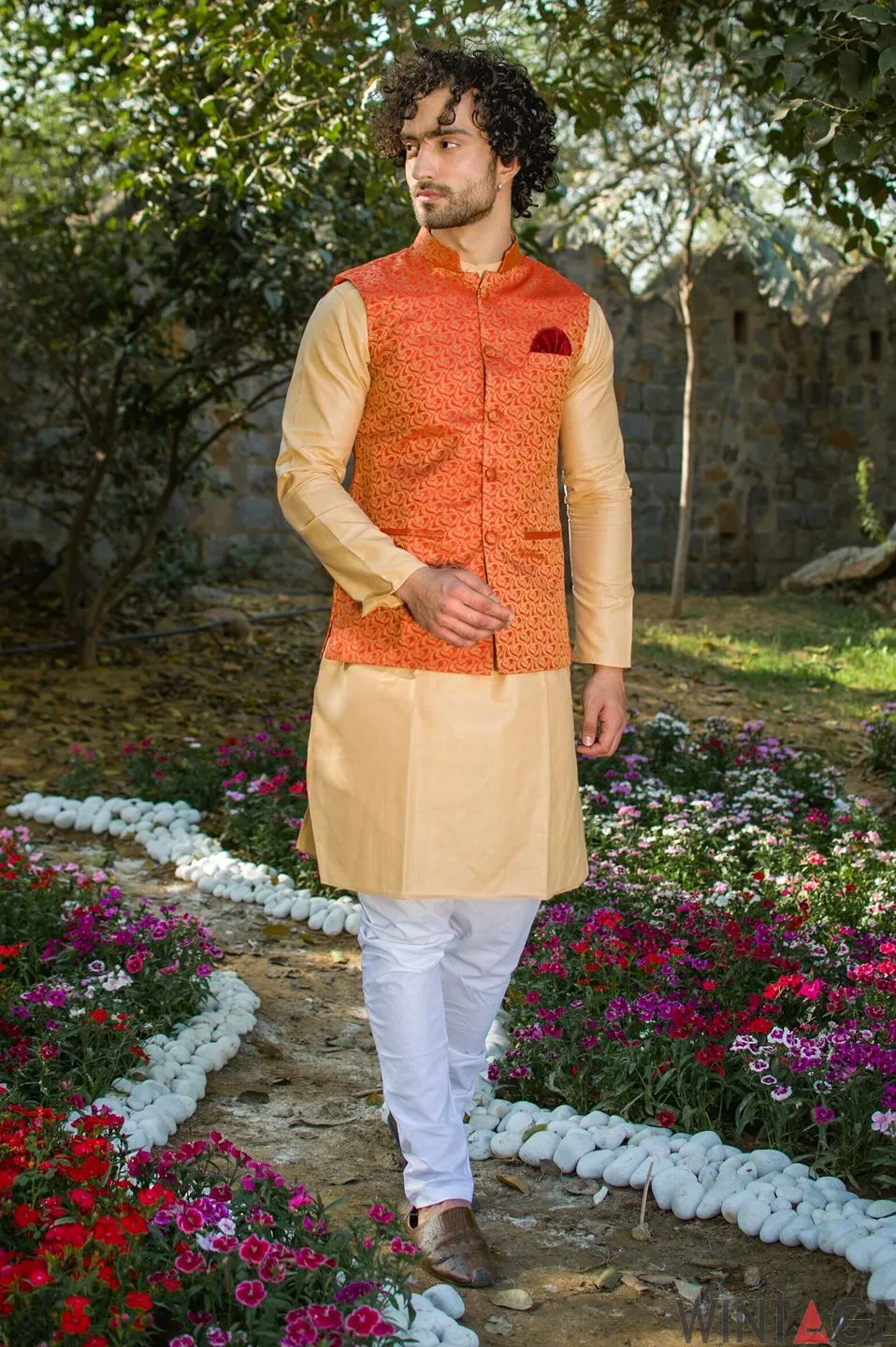 Banarasi Art Silk Cotton Blend Red Modi Nehru Jacket