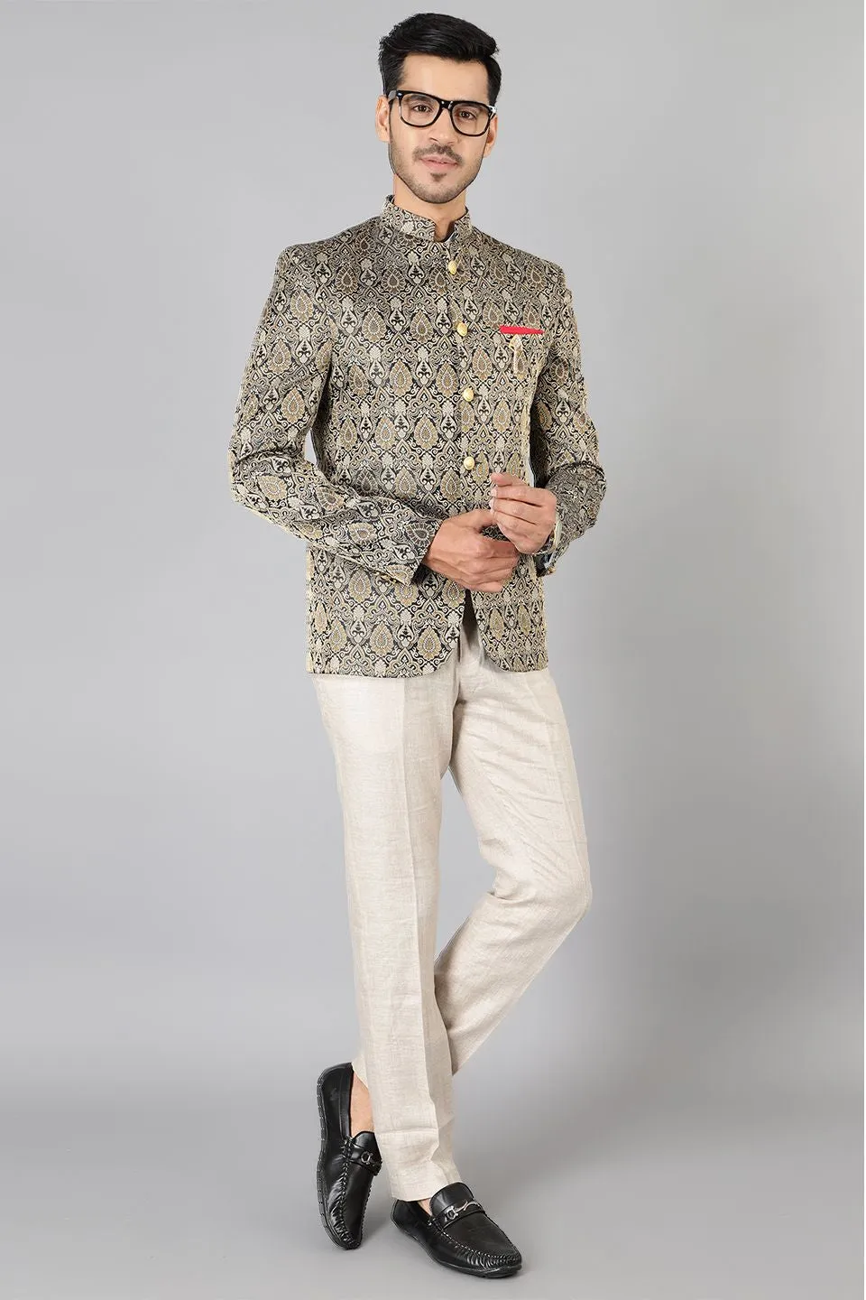 Banarasi Rayon Cotton Grey Bandhgala