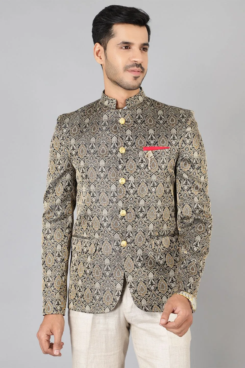 Banarasi Rayon Cotton Grey Bandhgala