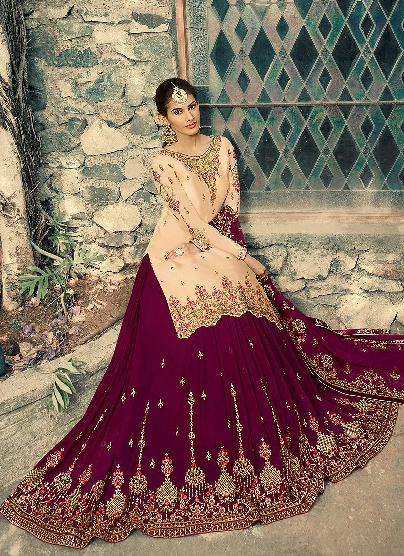Beige And Maroon Embroidered Lehenga Suit