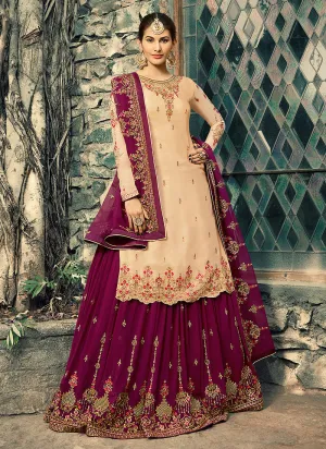 Beige And Maroon Embroidered Lehenga Suit