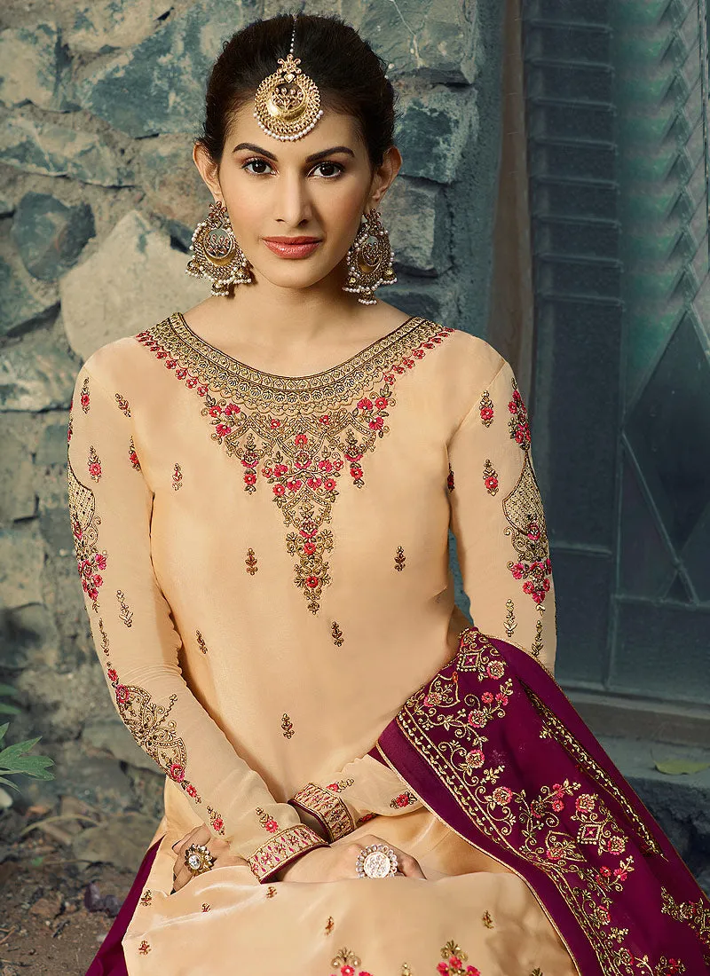 Beige And Maroon Embroidered Lehenga Suit