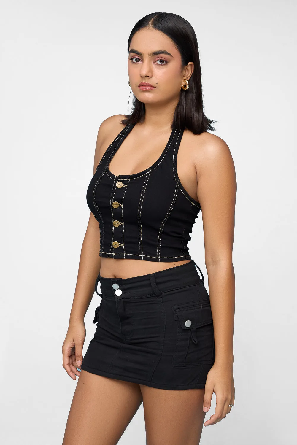 Black Halter Neck Top With Contrast Stitching