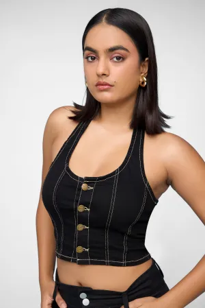 Black Halter Neck Top With Contrast Stitching