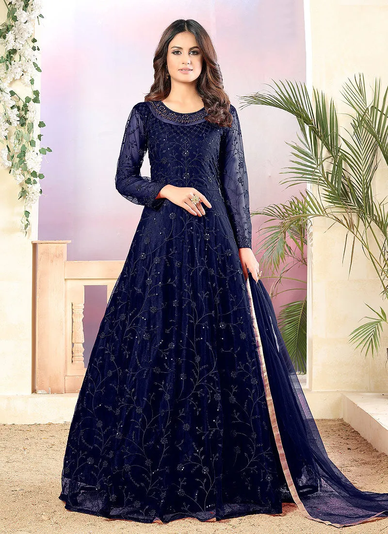 Blue Embroidered Net Anarkali Suit