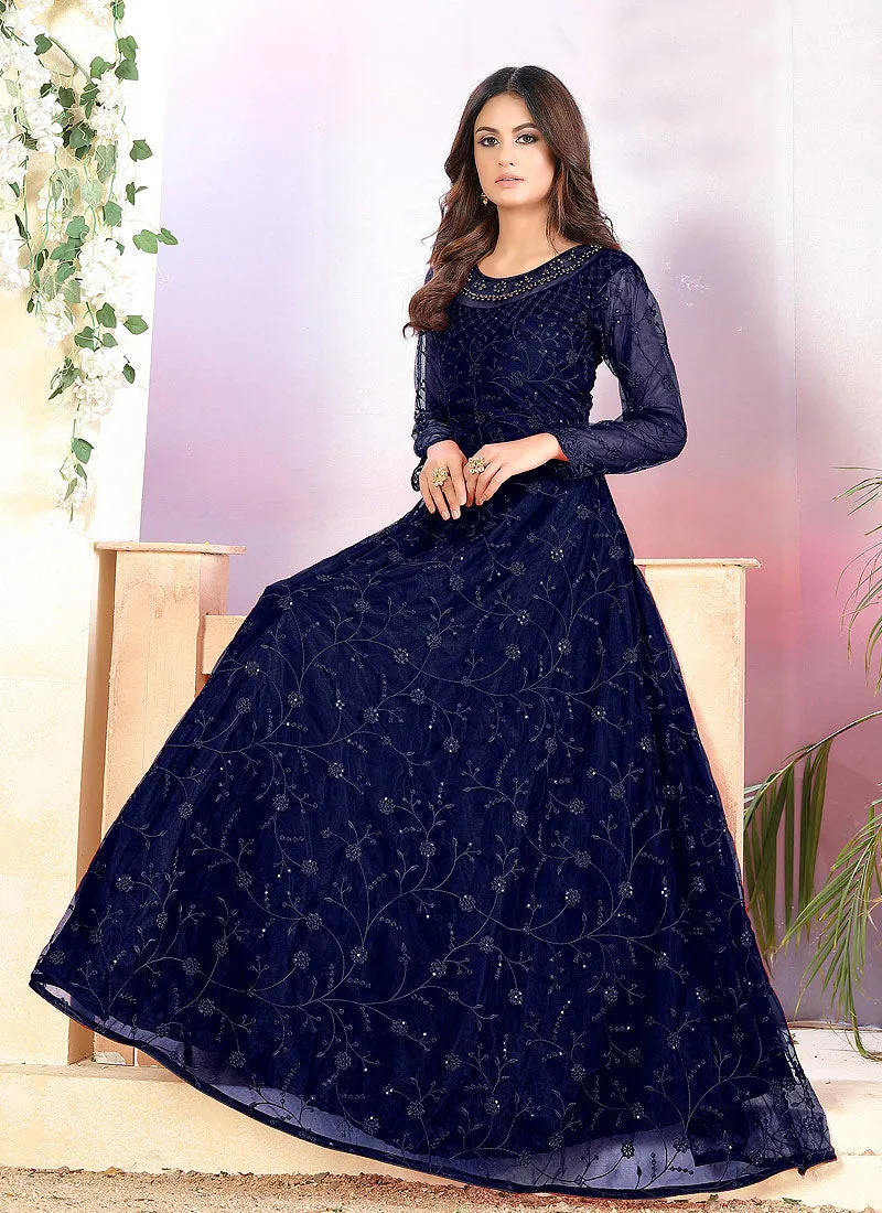 Blue Embroidered Net Anarkali Suit
