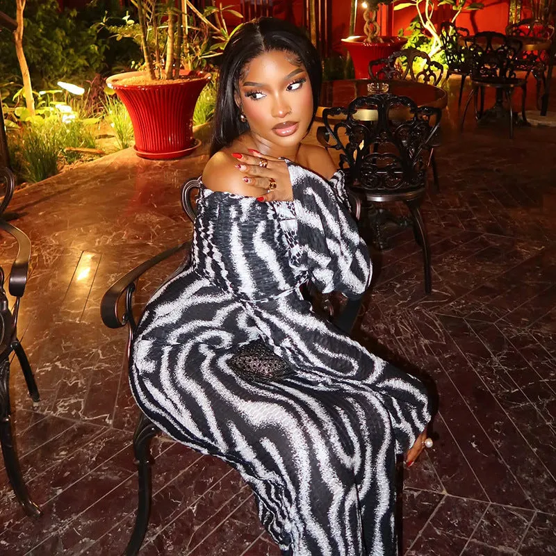 Bold Striped Off-Shoulder Long Bodycon Dress with Sleek Fit