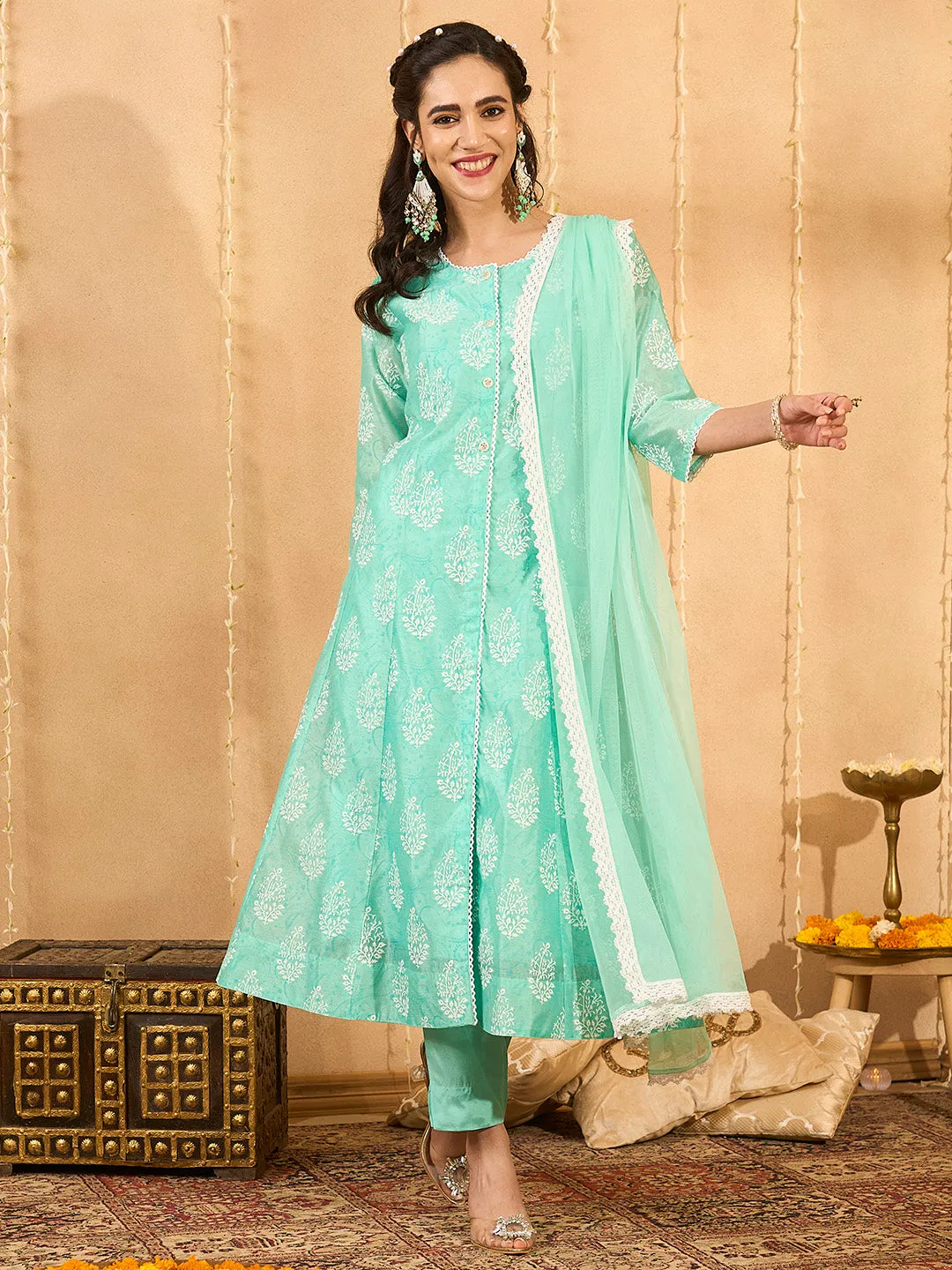 Buy Sea Green Comfort Fit Chanderi Silk Suit Set for Women Online - Zola