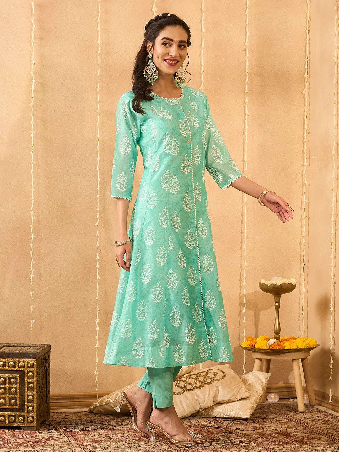 Buy Sea Green Comfort Fit Chanderi Silk Suit Set for Women Online - Zola