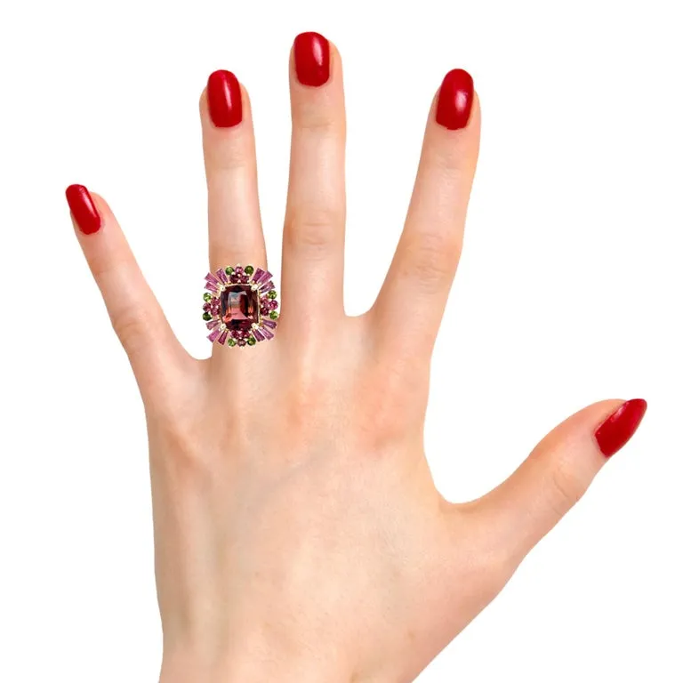 Cabernet Tourmaline, Ruby, Pink and Green Tourmaline Cocktail Ring in 14k Gold